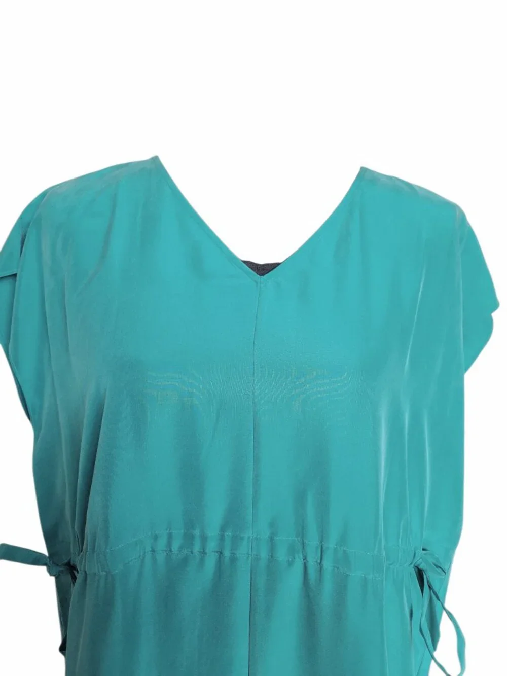 Eileen Fisher Esmerelda Green Washed Silk V-Neck Dress Boxy Fit Women's Size M - Picture 3 of 12